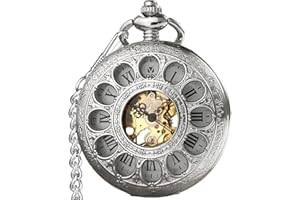 VIGOROSO Vintage Hand Wind Up Pocket Watches for Men, Mechanical Pocket Watch with Chain, Mens Skeleton Pocketwatch
