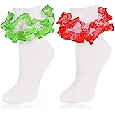 LSULIBYB Women Christmas Ruffle Socks, Adult Foldover Cuff Double Lace Frilly Bobby Fancy Sock, Snowflake Pattern(Red Green)