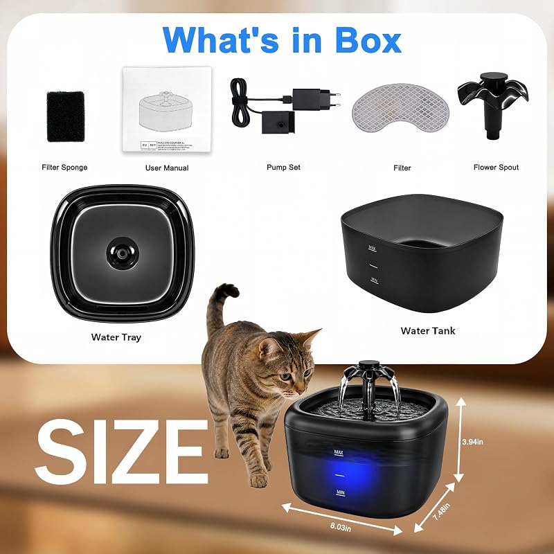 Fontaine à Eau pour Chats et Chiens, 2,2L Distributeur Automatique avec Indicateur LED, Pompe Ultra-Silencieuse, Système Triple Filtration, Abreuvoir sans BPA pour Animaux, Noir — photo 7 sur 8