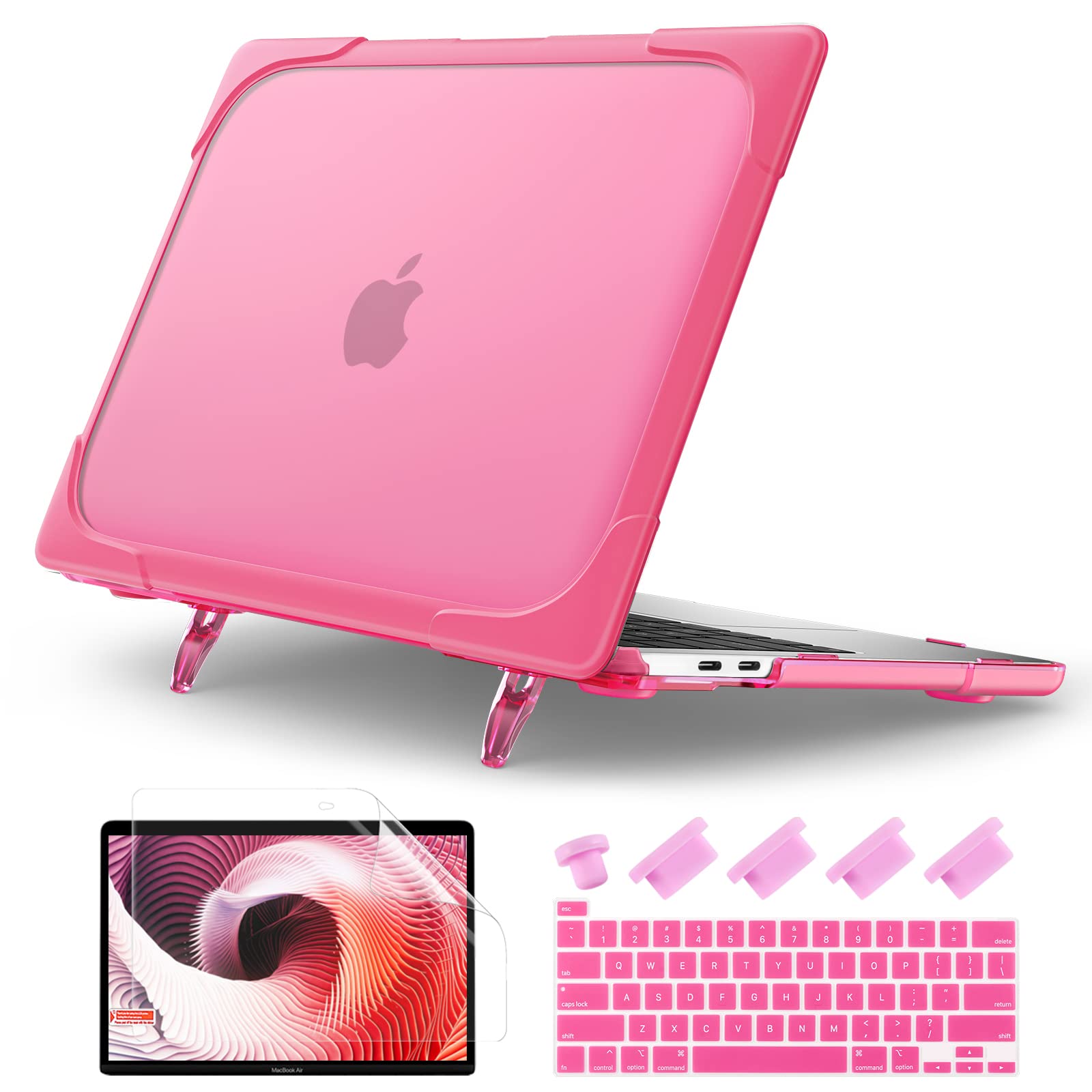 Batianda Heavy Duty Case for MacBook Pro 13 inch 2022 2020 Release A2338 M2 M1 A2289 A2251, Ergonomic Foldable Kickstand (Holds 22lbs) Matte Translucent Shockproof Cover with Spare Parts, Rose