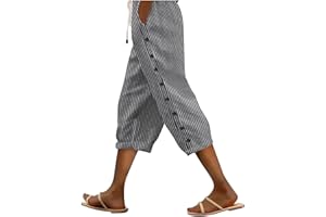 Striped Linen Pants for Women 2026 Summer Capris Casual Dressy High Waisted Boho Pants Drawstring Waist Beach Capris