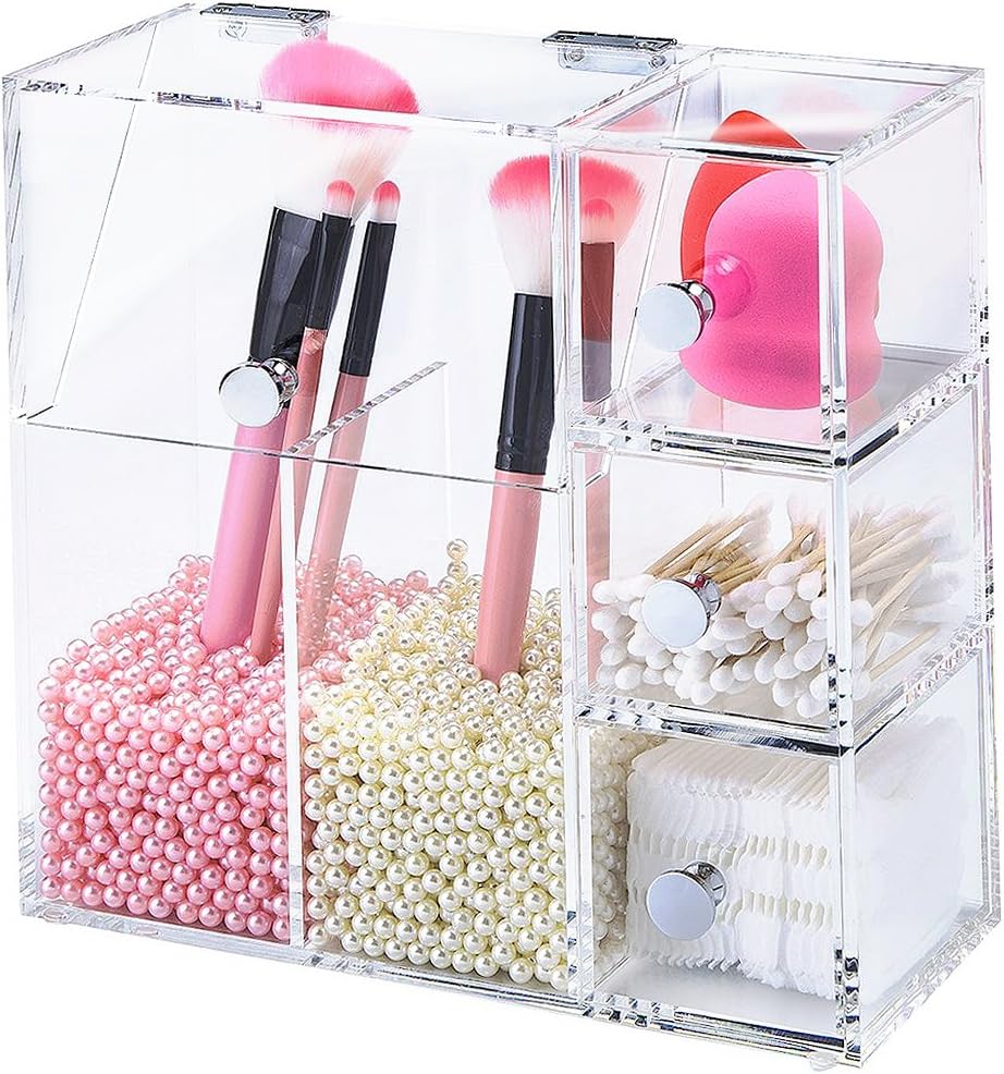 Xinliang Acrylic Dustproof Box with Lid Premium Quality 5mm Thick Makeup Cosmetic Brush Holder Organizer makeup brush holder with 3 Drawerwith 2 Brush Holders and 3 Drawers Dustproof Box XL-B044-0