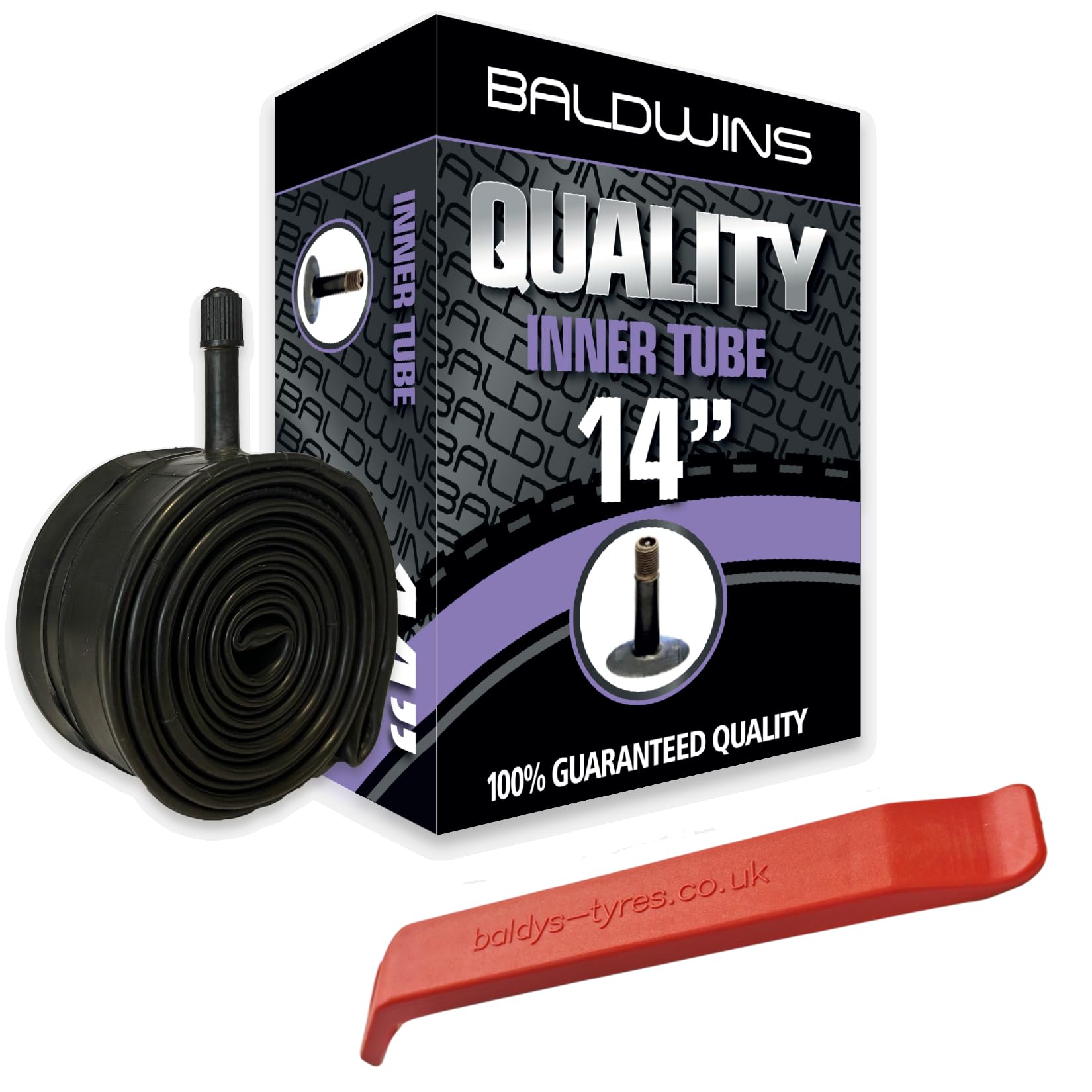 Baldwins Bike Inner Tube 14 x 1.75 to 2.25 Schrader Valve & BALDY'S TYRE LEVER