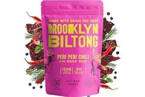 Brooklyn Biltong - Air Dried Grass Fed Beef Snack, South African Beef Jerky - Whole30 Approved, Paleo, Keto, Gluten Free, Sugar Free, Made in USA - 8 oz. Bag (Peri Peri)