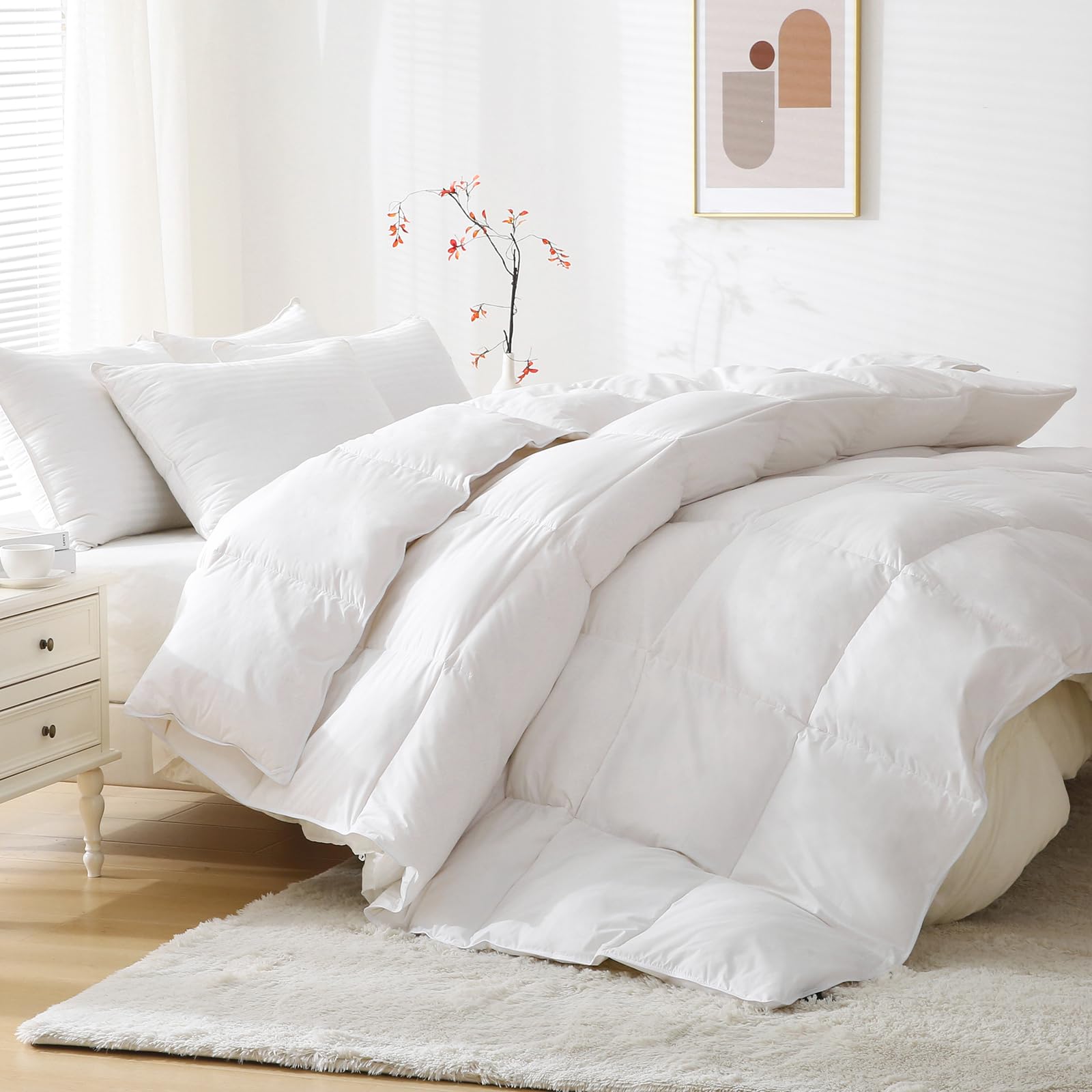 Photo 1 of BPC Feather Comforter King Size, Filled with Feather and Down Fibers, All Season White Luxury Hotel Collection Bed Comforter, Ultra Soft Poly-Cotton Blend Fabric, 4 Corner Loop Tabs, 106"x90"