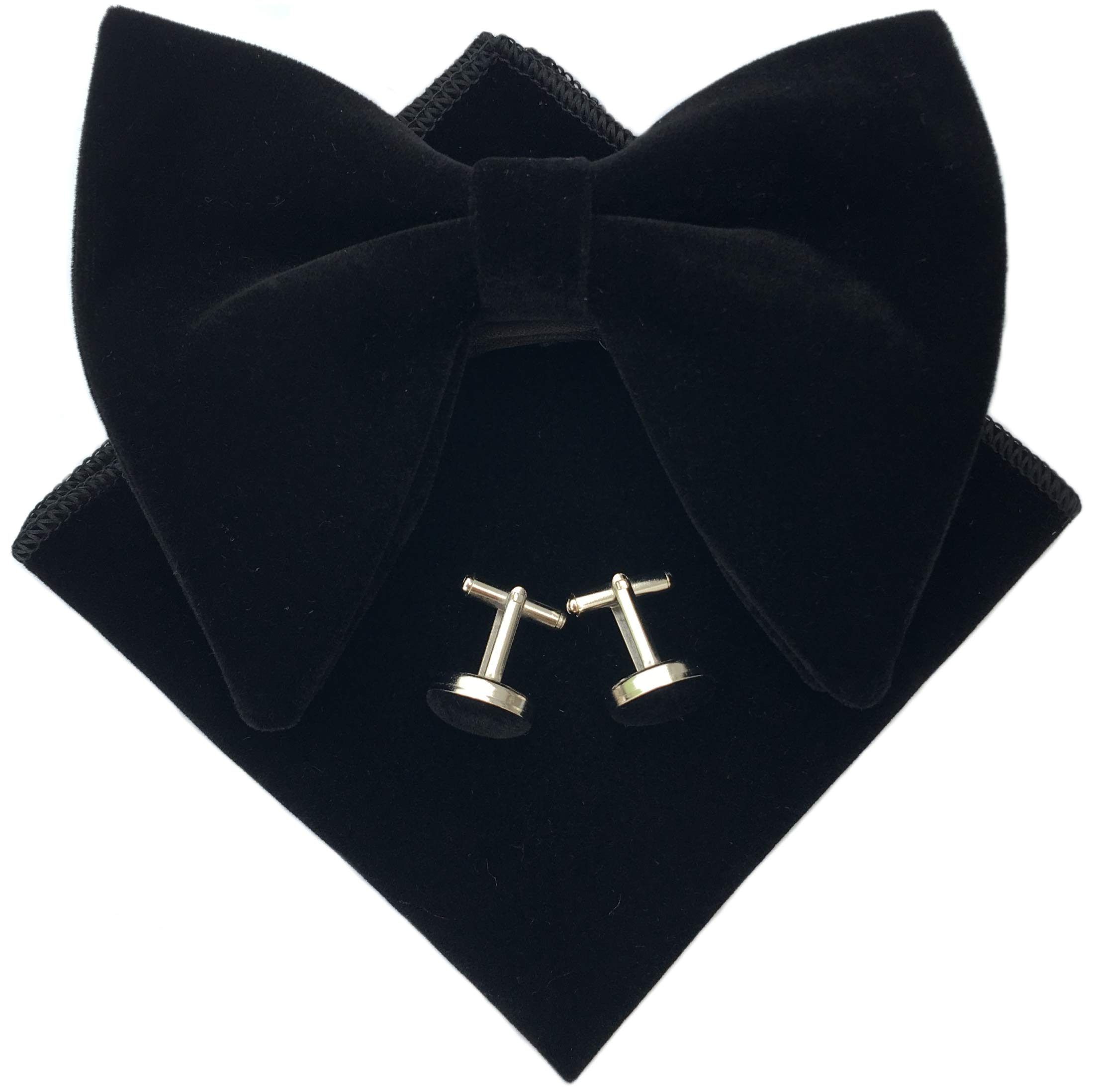 Mens Pre-Tied Oversized Velvet Bow Tie Tuxedo Handkerchief Bowtie Cufflinks Pocket Square Gift Set for Wedding (Black)