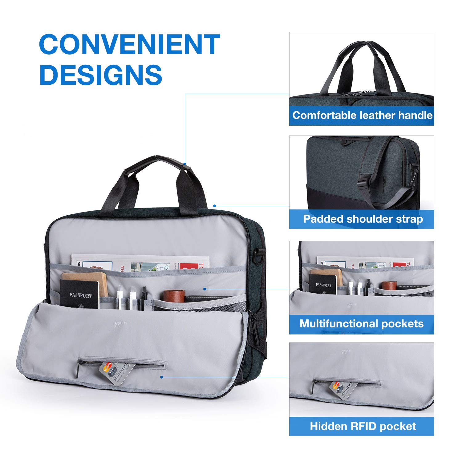 BAGSMART Laptop Bag, 15.6 Inch Computer Bag, Water Resistant Laptop Briefcase, RFID Blocking Messenger Shoulder Bag, Laptop Case for Men, Business, School, Travel, Blue