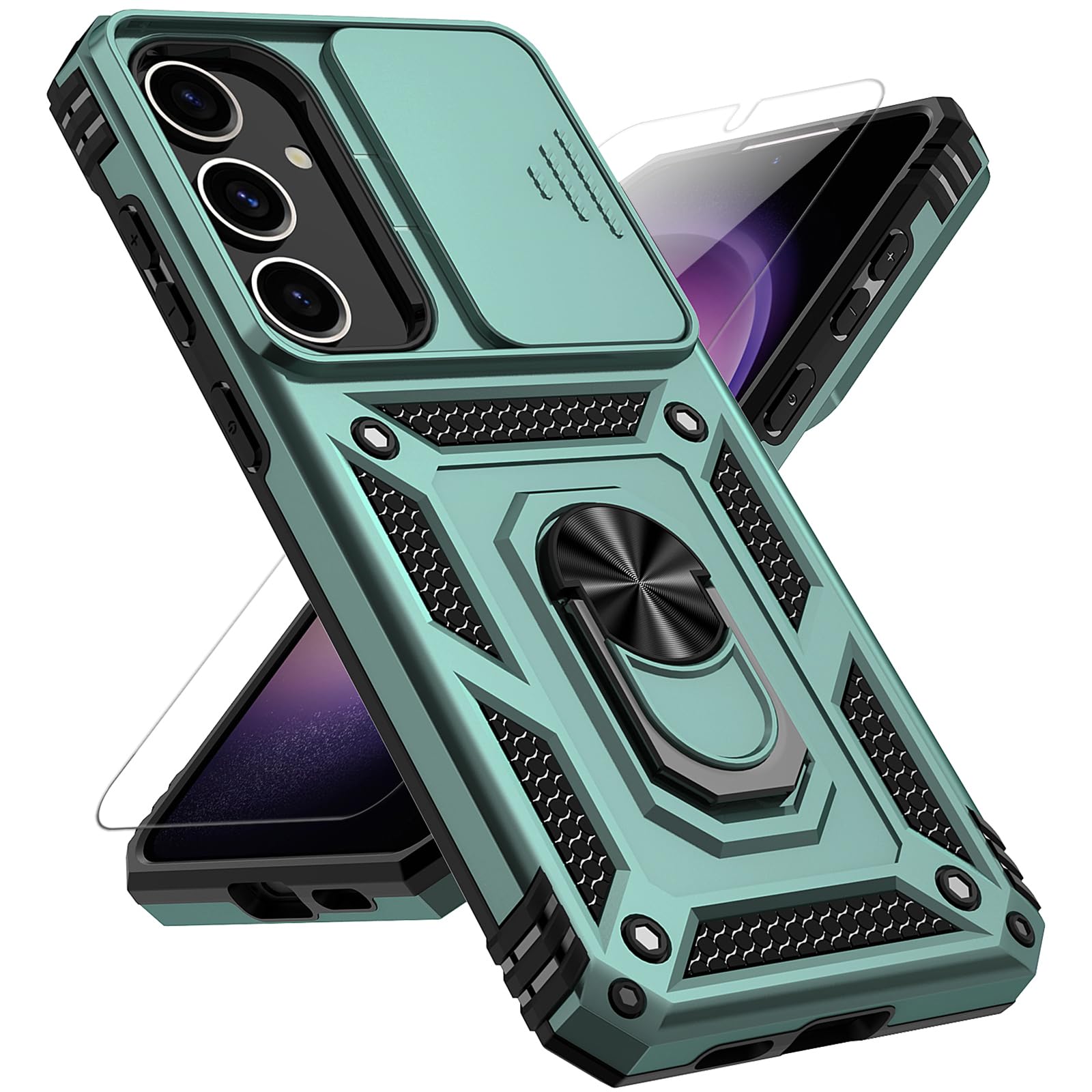 for Samsung Galaxy S25 Plus Case with Slide Camera Cover HD Screen Protector [Military Grade Drop Tested] Magnetic Ring Holder Kickstand Protective Phone Case for Samsung Galaxy S25+ 2025, Dark Green