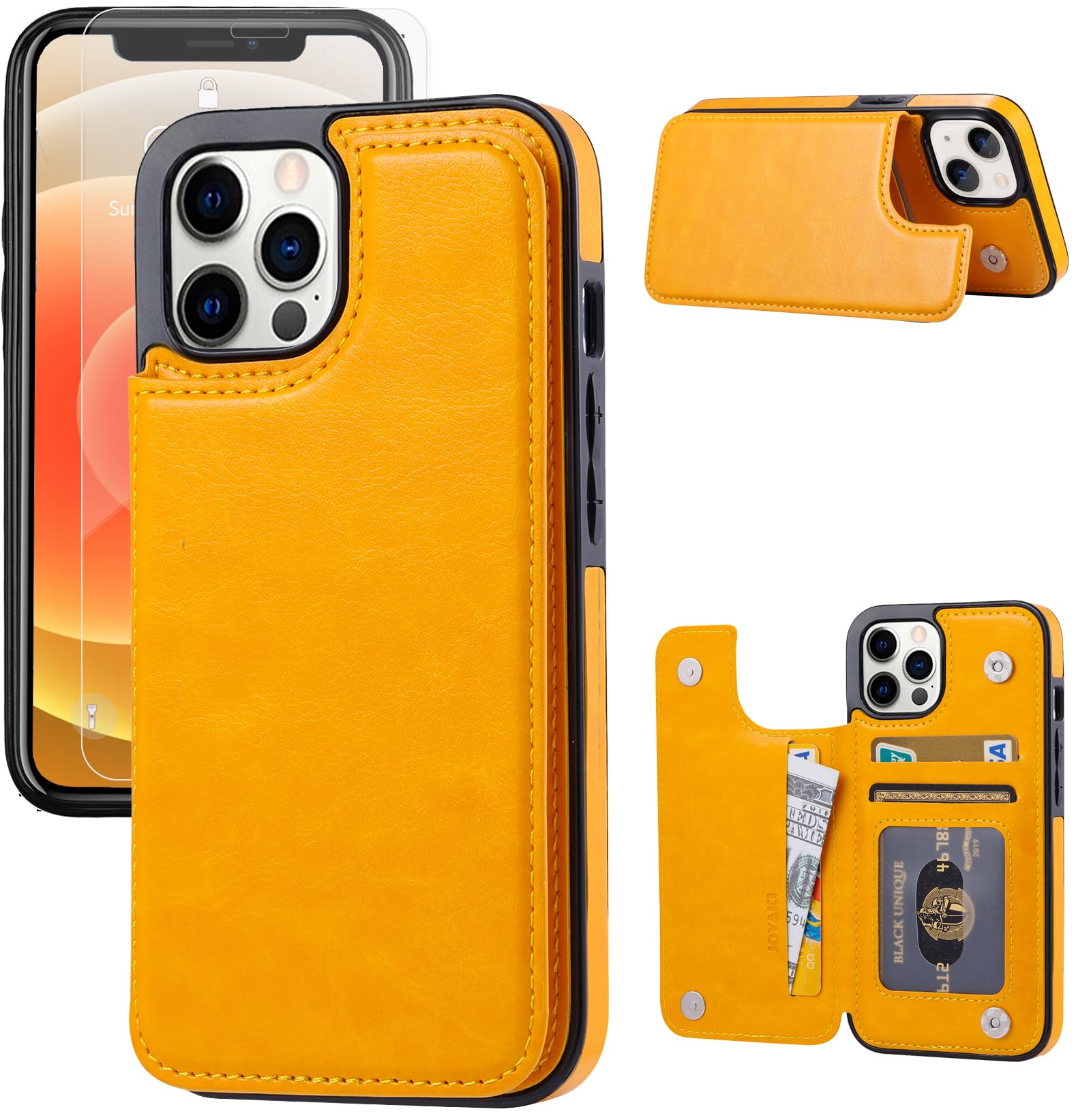 JOYAKI Wallet Case Compatible with iPhone 12 Pro/12,Slim Protective case with Card Holder,Premium PU Leather Card Slots Case with a Screen Protective Glass for iPhone 12pro/12(6.1-Yellow