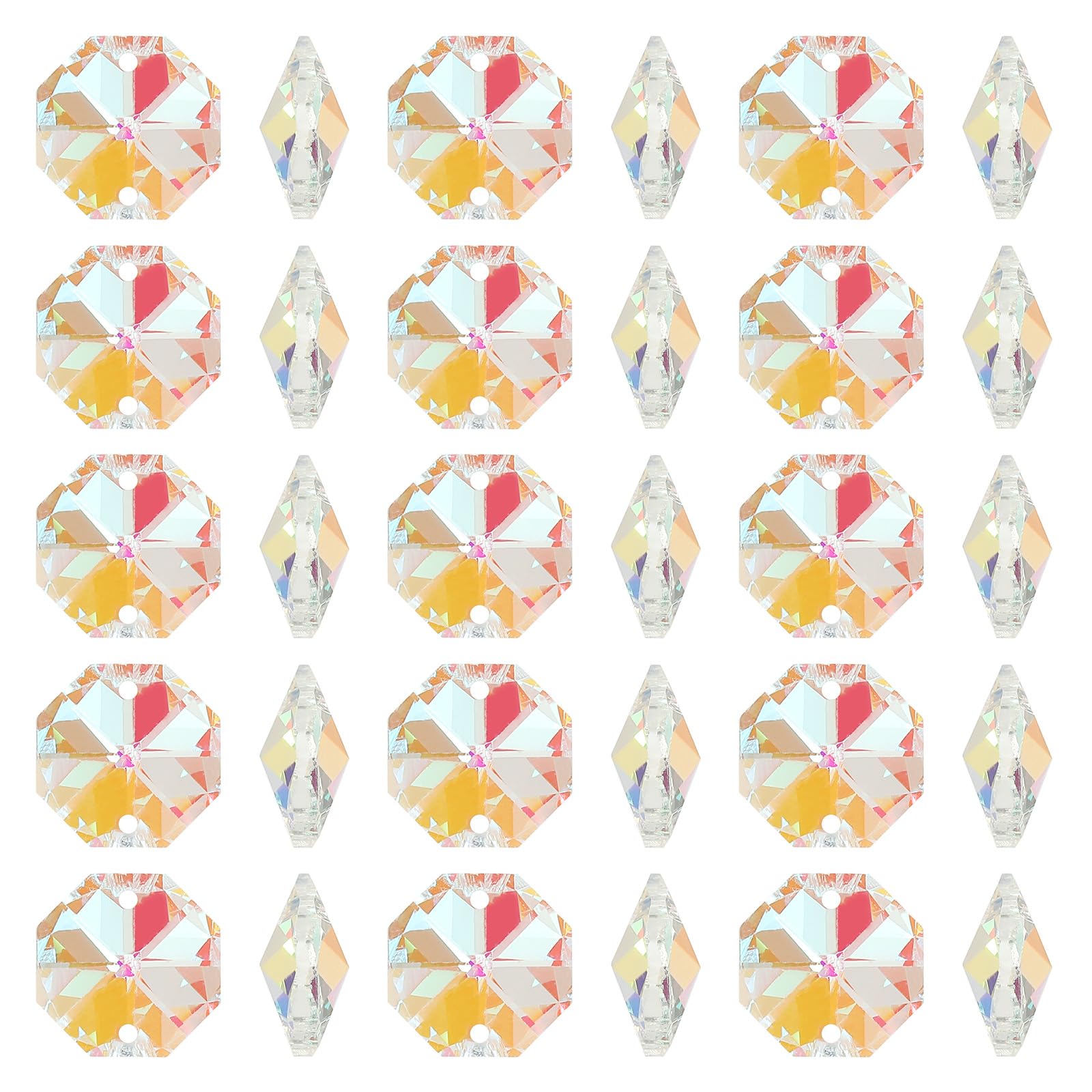 PATIKIL K9 Crystal Octagon Beads 2 Holes Pendants, 100 Pack 14mm Chandelier Prisms Parts Ornaments Hanging Beads for DIY Arts Crafts Decoration, AB Color