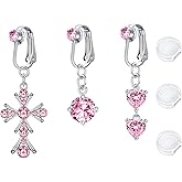 AceFun Gold Silver Fake Belly Ring Clip on Belly Button Rings Surgical Steel Non Piercing Navel Ring Butterfly Evil Eye Flower Clear CZ Dangle Fake Belly Piercing Jewelry with Pain Reducing Silicone Pad