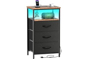 Kinembold Nightstand with Charging Station, Bedside Table LED Night Stand with USB Ports and Outlets, End Table with 3 Fabric Drawers and Storage Shelf, Night Stands for Bedroom (Black&Brown)