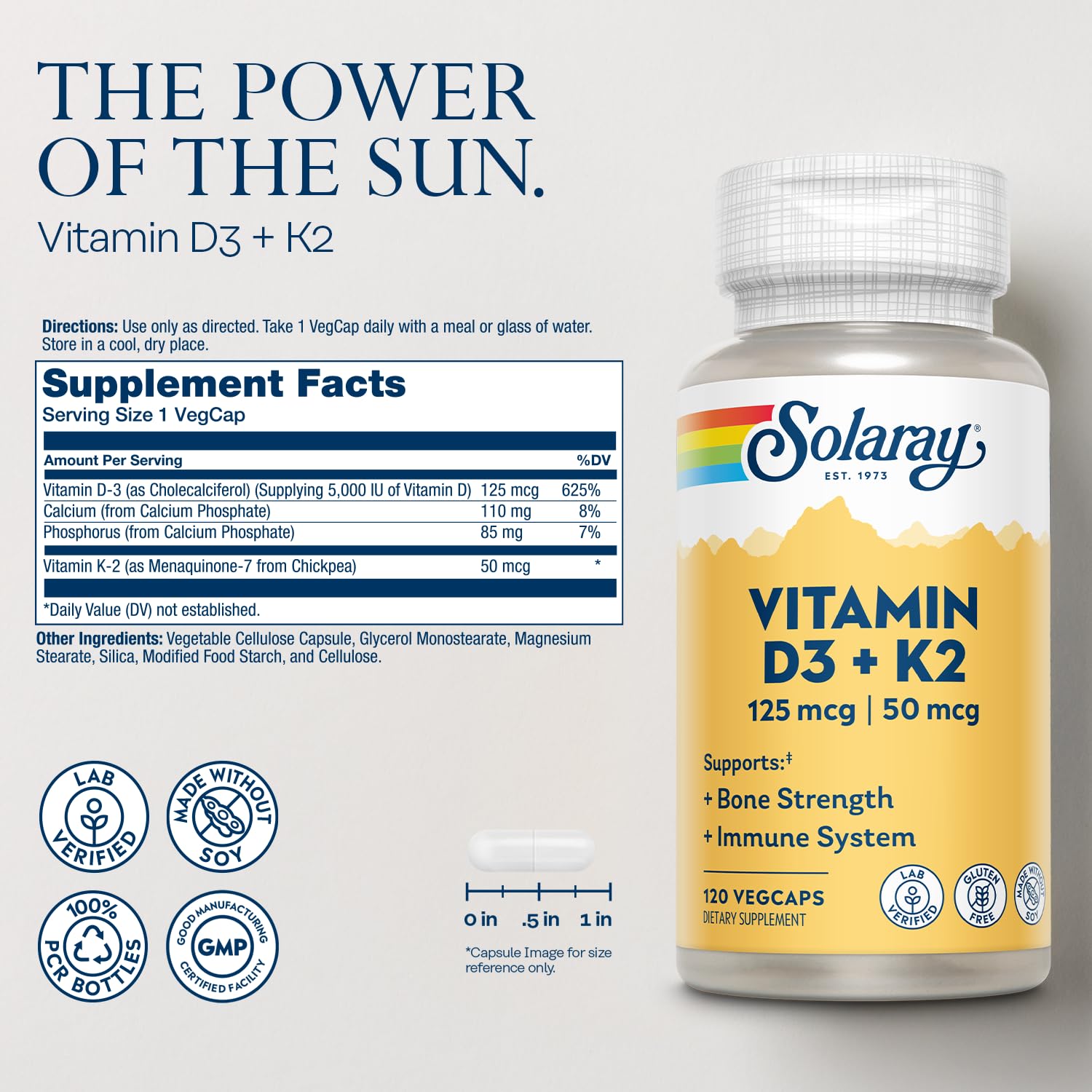 SOLARAY Vitamin D3 K2 - Bone Health and Immune Support Supplement - With 5000 IU Vitamin D as Vit D3 and 50 mcg Vitamin K2 as Menoquinone MK7, Made Without Soy, 60-Day Guarantee, 120 Serv, 120 VegCaps