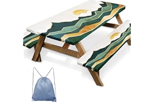 Nesphy Mountains Gold Sun Picnic Table Cover with Bench Covers, Abstract Vintage Nature Green Outdoor Camping Essentials 6FT 3PCS Fitted Rectangle RV Must Haves Tablecloth with Drawstring Bag