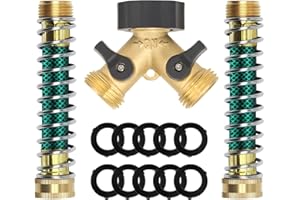 AMBUKER Brass Garden Hose Splitter 2 Way, All Body Metal Heavy Duty Water Splitter Y Way with 2 Hose Protectors Kink Free Hose Extension 10 Rubber Washers