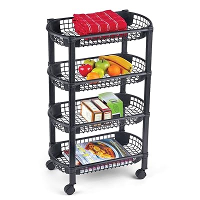 Collections Etc 4-Tier Rolling Cart with Storage Baskets, Black