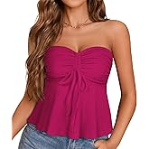 Tube Tops for Women Strapless Tie Front Ruched Tops Peplum Flared Hem Casual Bandeau Top
