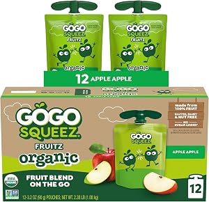 GoGo squeeZ No Sugar Added Organic Applesauce, Apple Apple, 12 Count | Kids On The Go Fruit Snack with Applesauce & Puree; 3.