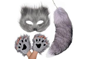 NWSTESLE Furry Therian Mask and Tail for Kids,Animal Fox Mask Wolf Tail Paws Set,Over 1 Years Old