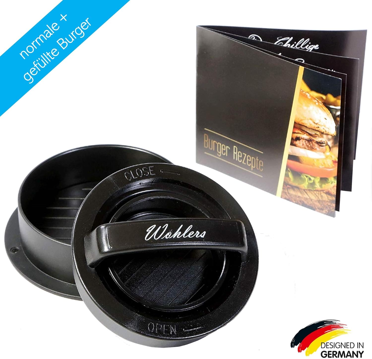 Wohlers Hamburgerpresse für Normale und gefüllte Hamburger - Burgerpresse für perfekte Patties - Patty Maker ideal für gefüllte Burger, Mini Burger für Kinder und Grill Pattie (aus Kunststoff)