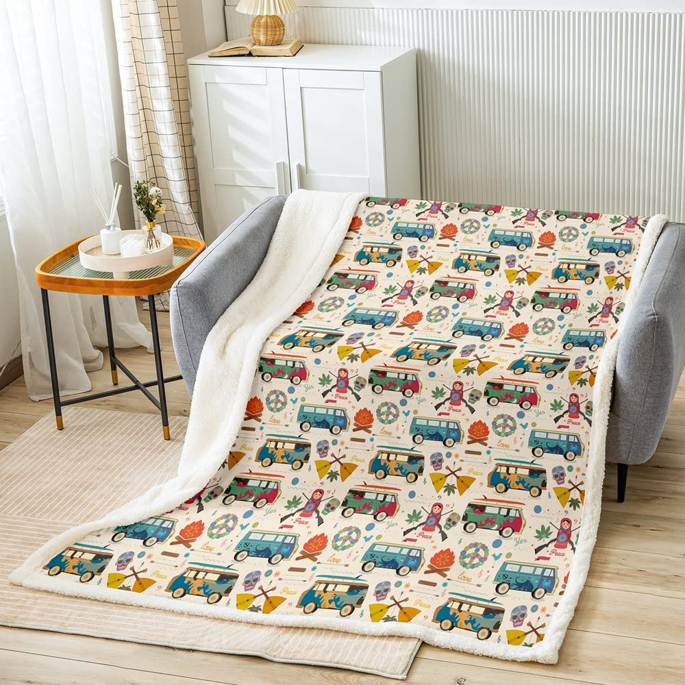 Loussiesd Kids Great Camping Fleece Throw Blanket Colorful Camper Sherpa Blanket Boys Rustic Camping Van RV Plush Blanket Farmhouse Fuzzy Blanket for Sofa Bed,Single 50x60 Inch