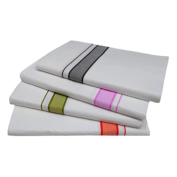 Cotton Cool 100% Cotton White Dhoti With Colored Border for Men's Size:2.00 Mts (Pack of 4 Piece)