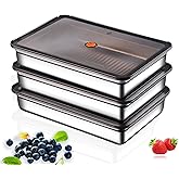 Hommiya Stainless Steel Food Storage Containers, Silver, Airtight with Vacuum Seal, Stackable Rectangular, 3-Piece Set, BPA-Free Lids, for Meal Prep and Leftovers Storage(Shallow- 1.9'' Height)