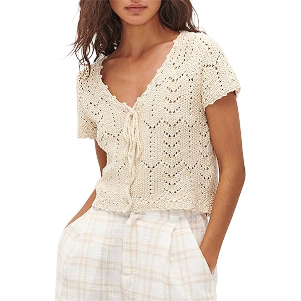 トップス BOTT 24SS Cotton Crochet Knit Shirts Women Y2k Crochet Shirt Short Sleeve Open Front Crop