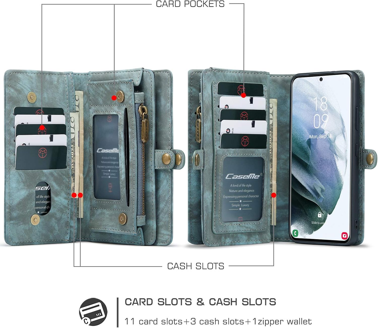 ANROD Detachable Leather Wallet Case for Samsung Galaxy S21 Ultra,CaseMe Magnetic Closure 2-in-1 Flip TPU Shockproof Zipper Purse Back Cover with Card Slots (Blue) - Image 3