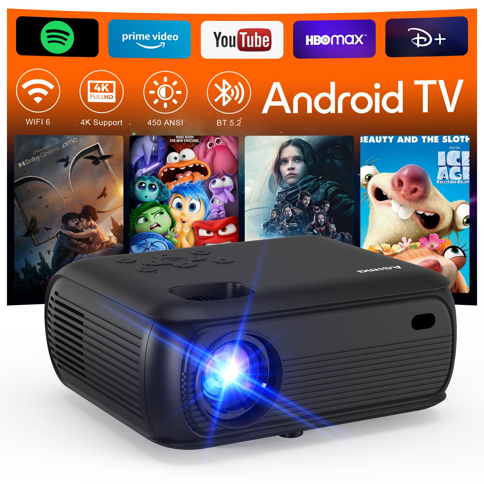 Agima [450Ansi/1080P 4K] Vidéoprojecteur 4K Con WiFi Y Bluetooth 1080P Natif Apps-Integradas Mini Rétroprojecteur WiFi 6, Bt 5.2, Stereo Speaker, Haute Luminosité, Android TV Projecteur Cine En Casa, Noir