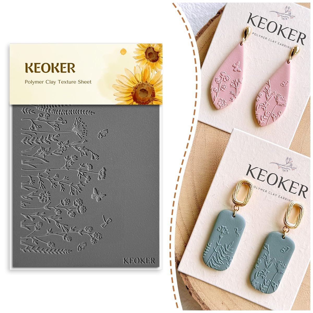 KEOKER Polymer Clay Texture Sheets Set, Texture Sheets for Clay, Earring Molds (Flowers B)