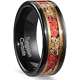 Zillaly 8mm Men's Tungsten Ring Engagement Wedding Ring, Red and Gold Inlay, Black Shiny, Size 7-14, Comes with Gift Box
