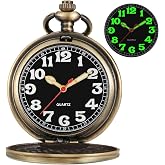 Tiong Smooth Covered Men's Pocket Watch,Luminous Arabic Numerals Black Dial Pocket Watch with Chain