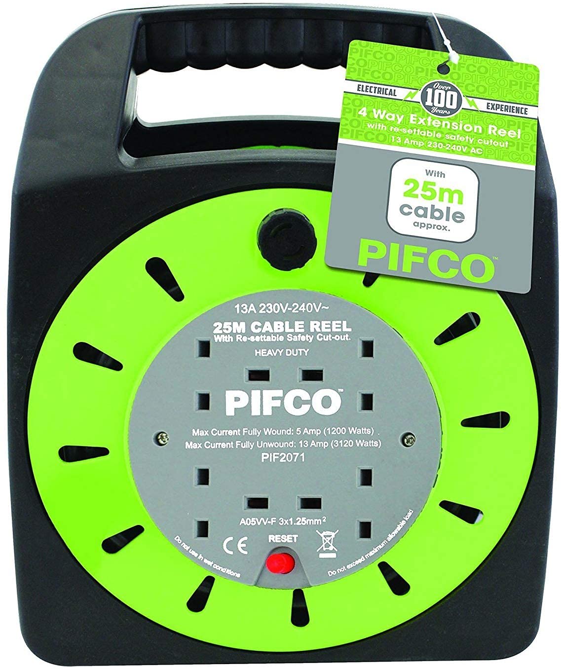 PIFCO 4 Way 25M Heavy Duty Extension Reel With Re-Settable Safety Cutout-13A 230-240V AC-PIF2071/Green Colour
