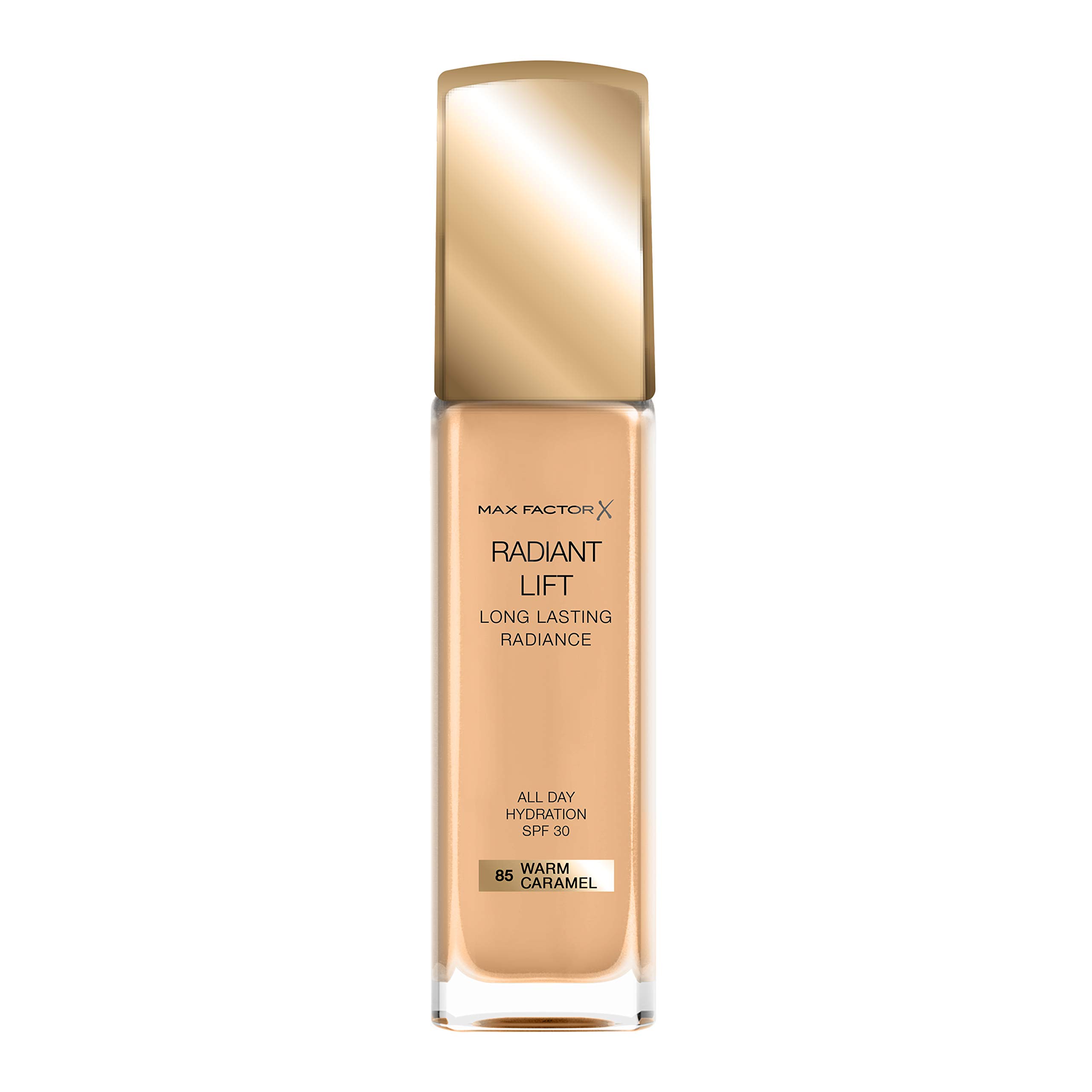 Max Factor Radiant Lift Liquid Pump Medium to Full Coverage Radiant Finish Foundation with SPF30 and Hyaluronic Acid, 085 Caramel, Dark Skin Tone, 30ml