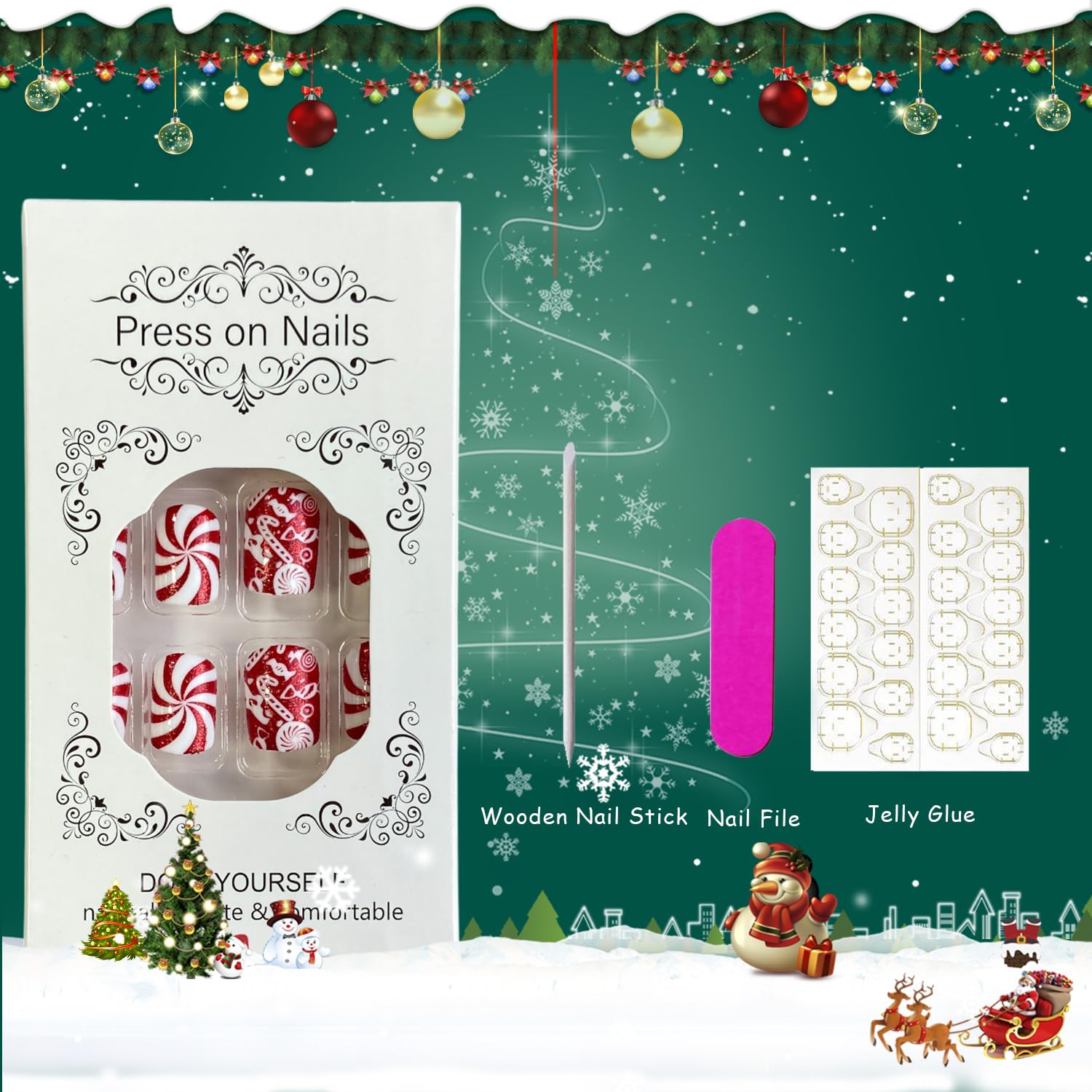 Tyuimhx Christmas Press on Nails Short Square Fake Nails with Candy Designs Xmas Red Glitter False Nails Full Cover Stick on Nails Acrylic Winter Artificial Nails for Women Glue on Nails 24 Pcs - Image 5