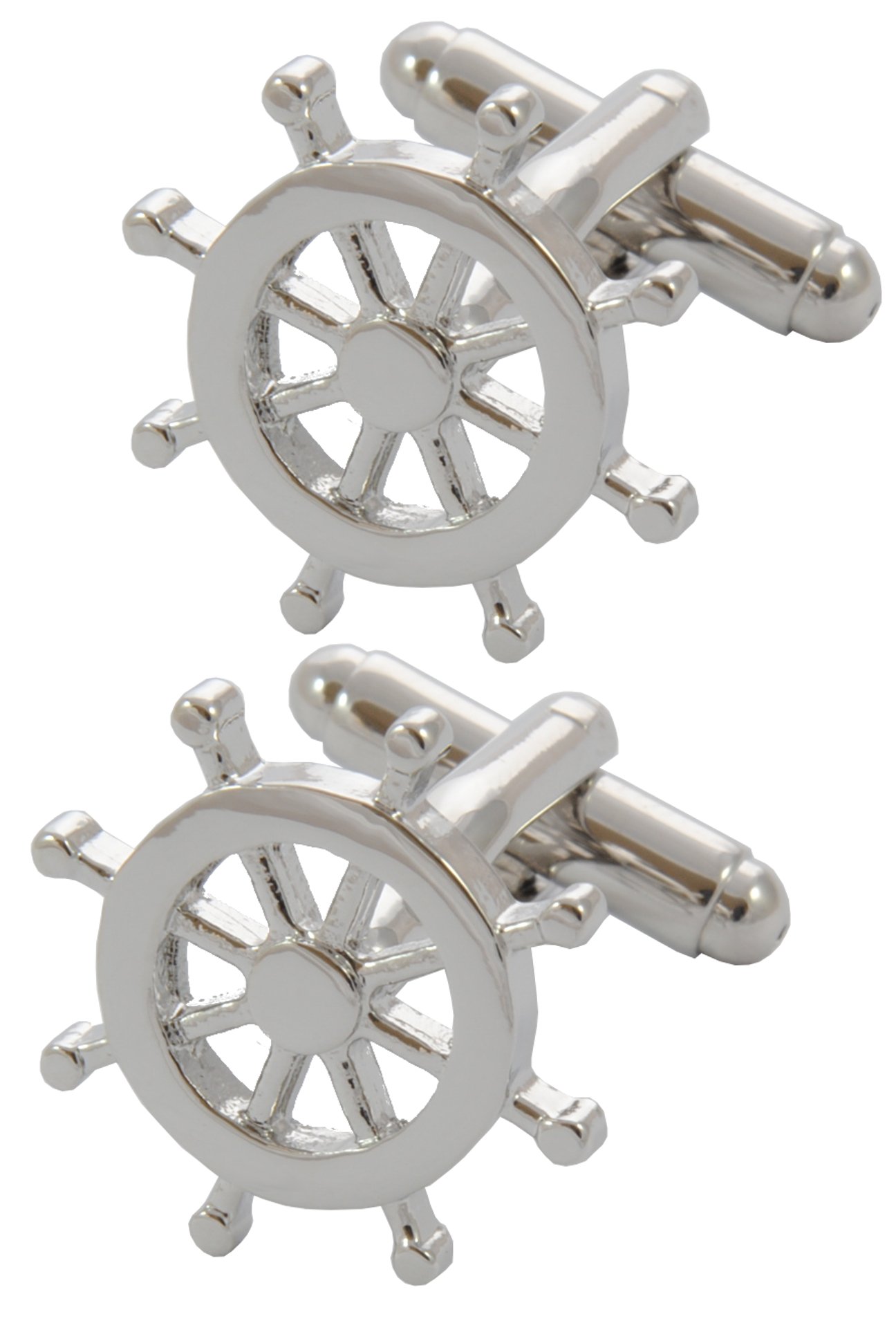 Cufflinks for Men + Presentation Box - Silver Colour - Ship's Wheel - Solid Brass Metal - Boat Sailing Sailor Navy Naval Nautical Royal Yacht Round - One Pair