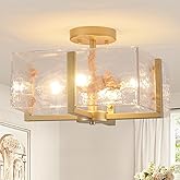 Gold Flush Mount Ceiling Light, 4-Light Brass Vintage Semi Flush Mount Hallway Foyer light fixture, Modern Glass Square Close