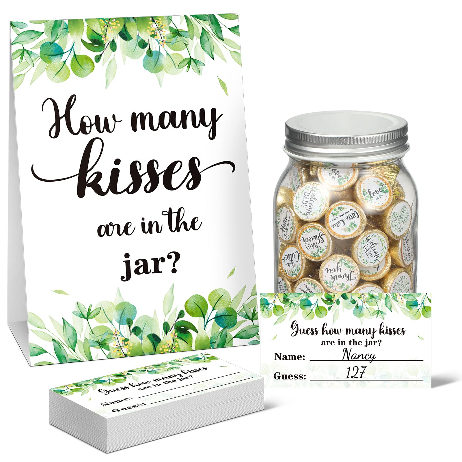 Photo 1 of Moukeren 555 Pcs How Many Kisses Game Card Kit How Many Kisses Baby Shower Games Standing Sign Guessing Cards Baby Shower Stickers for Kid Sprinkle Birthday Party, No Candy and Jar(Greenery Style)