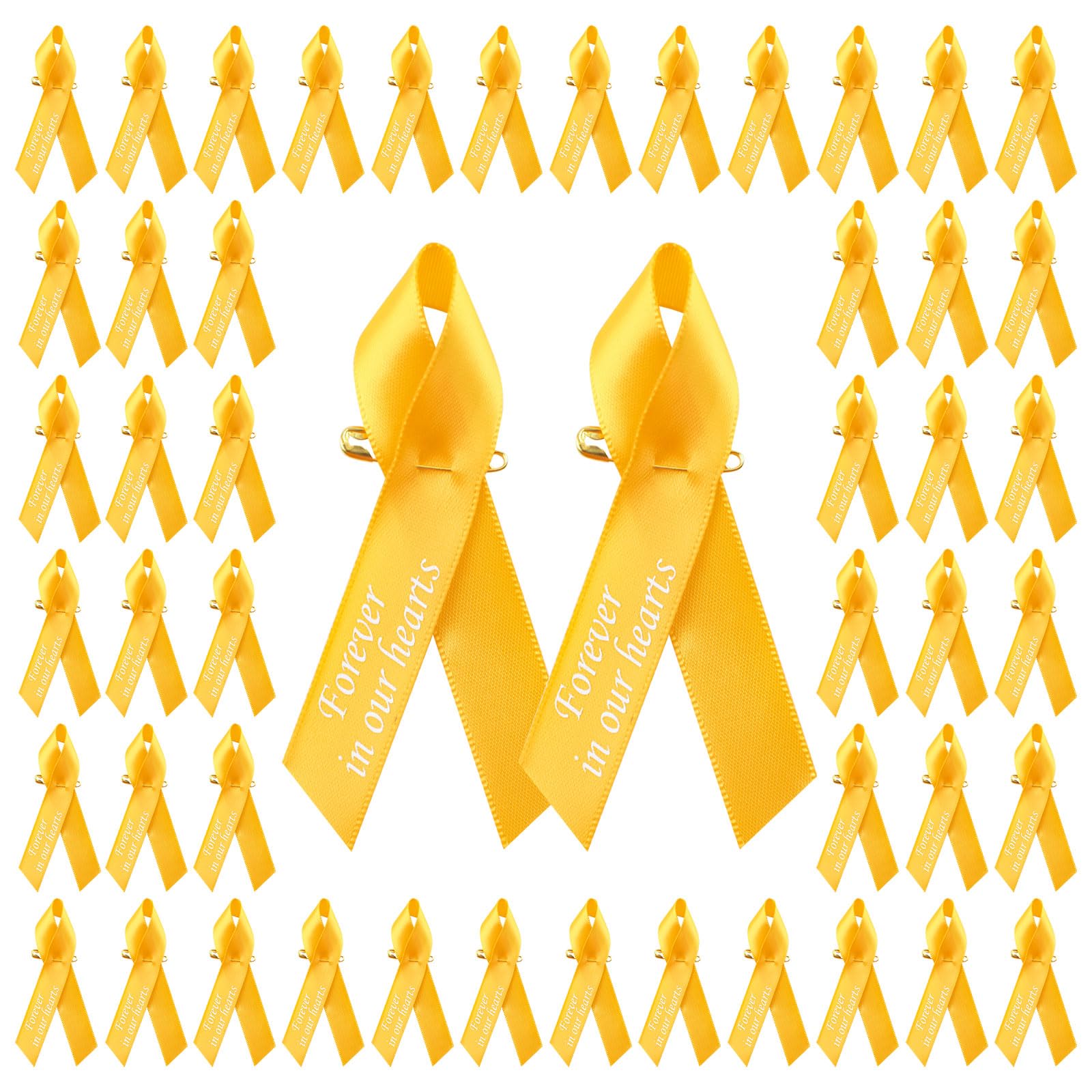 CRAFFANCY 100 PCS Pcs Gold Ribbon Pins, Childhood Cancer Awareness Brooches Printing Memorial Ribbon Badges for Bereavement Remembrance,2.95 * 1.57in — image 1