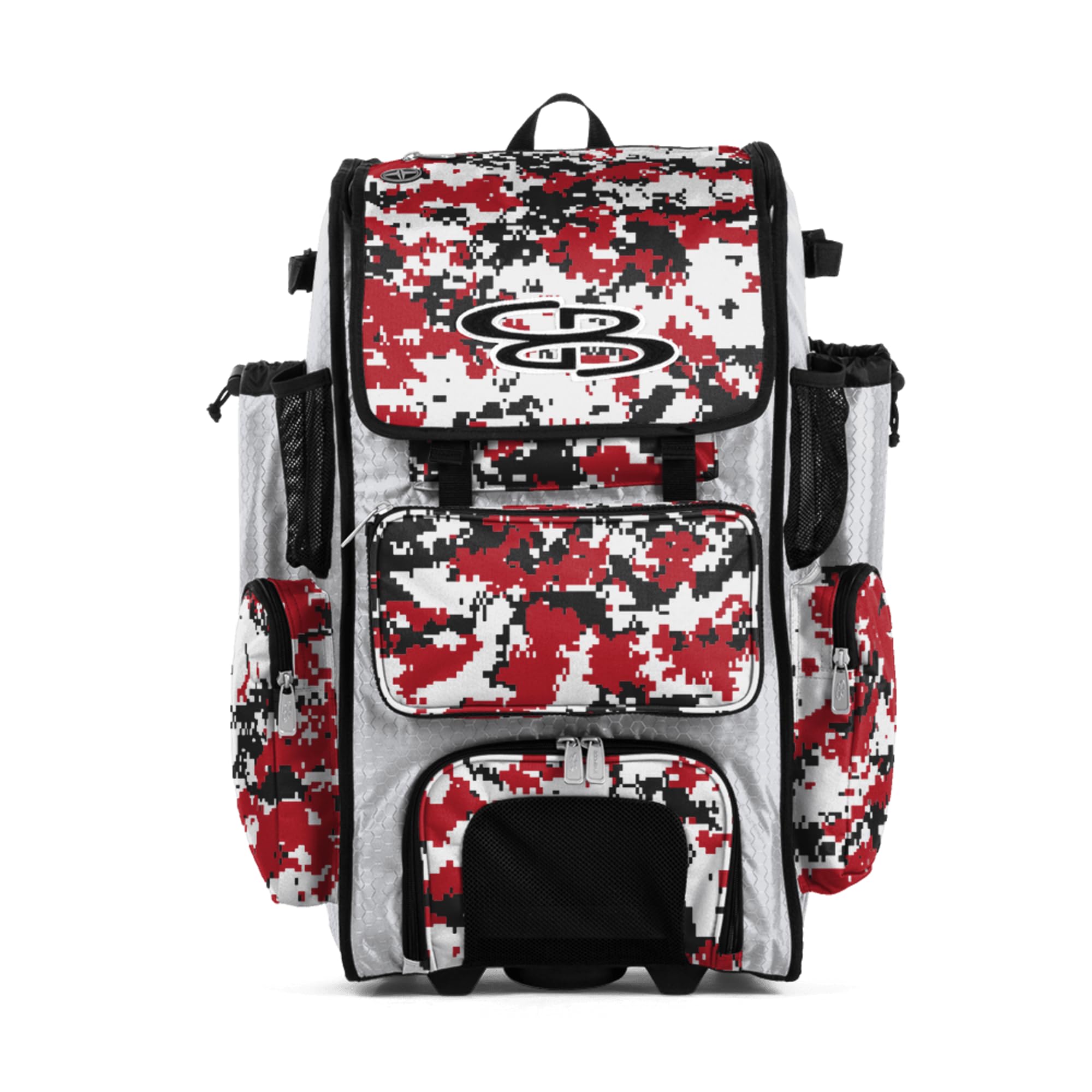 Boombah Rolling Superpack Baseball/Softball Gear Bag - 23-1/2" x 13-1/2" x 9-1/2" - Digital Camo White/Red - Telescopic Handle - Holds 4 Bats - Wheeled Version Image