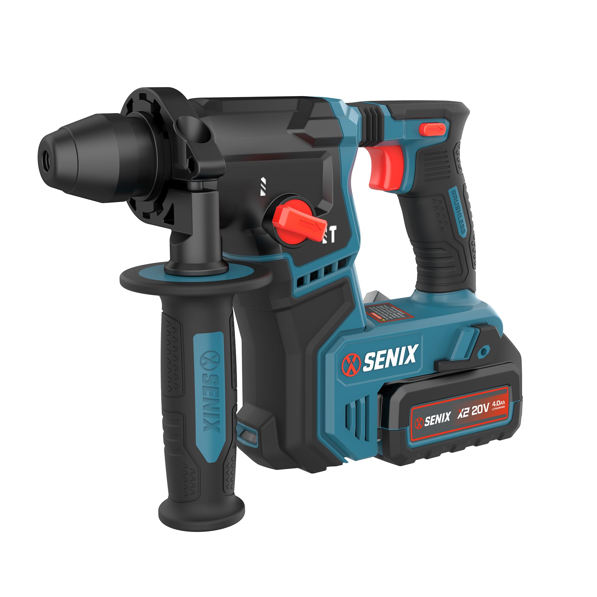 Photo 1 of SENIX X2 20 Volt Max* SDS-Plus Cordless 5/8" Rotary Hammer Drill with Brushless Motor, Auxiliary Handle, Dual Function, & Vibration Control, Includes Battery, Charger, & Storage Bag (PDRX2-M2)