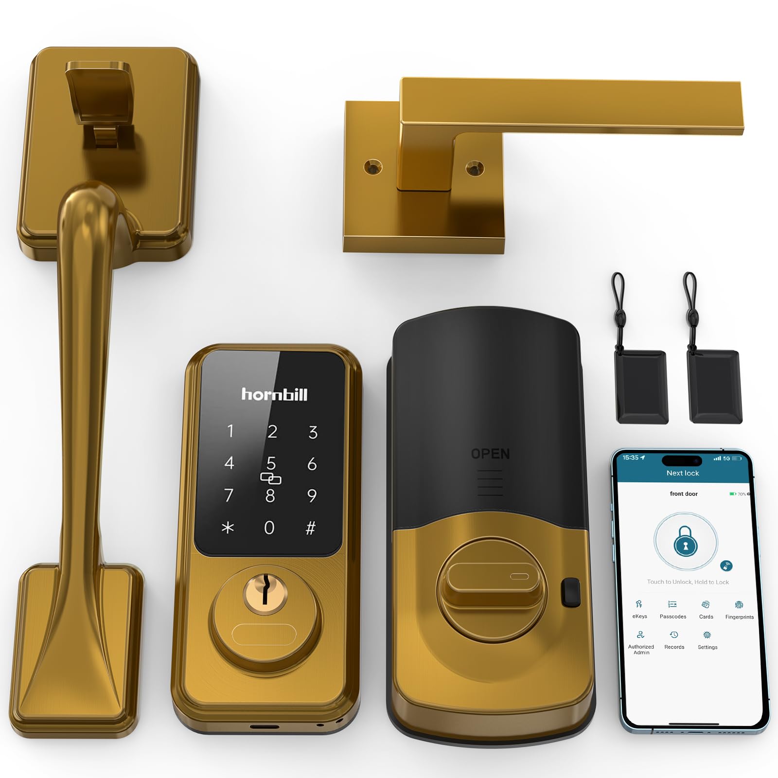 Photo 1 of Hornbill Keypad Electronic Door Lock with Handle, Front Keyless Entry Door Lock Deadbolt with Handle Set, APP/Bluetooth/Auto Lock/Keyfobs/Keys, Brass