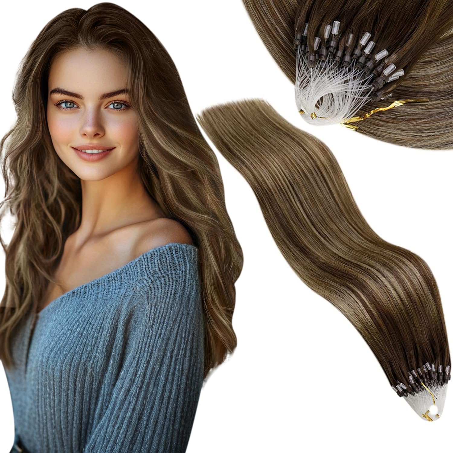 Vivien Brown Micro Beads Hair Extensions Human Hair Balayage Medium Brown to Dark Blonde Micro Ring Hair Extensions Human Hair Pre Bonded Micro Link Human Hair Extensions #4/27/4 50g/50s 22Inch โ image 1