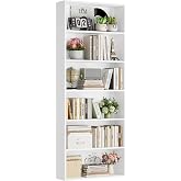 FOTOSOK 6 Tier Tall Bookshelf and Bookcase with Open Display Shelves, White | Industrial Tall Bookcases with Storage, Freestanding Book Shelf for Home Office, School Library , Living Room, Narrow Space