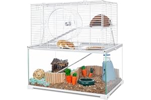 OIIBO 3 Tiers Large Hamster Cages Glass, Heightened Wire Topper with Two Shelf and Two Ladders Ramps, Openable Top, Easy to Clean Removeable Waterproof PVC Tray Medium