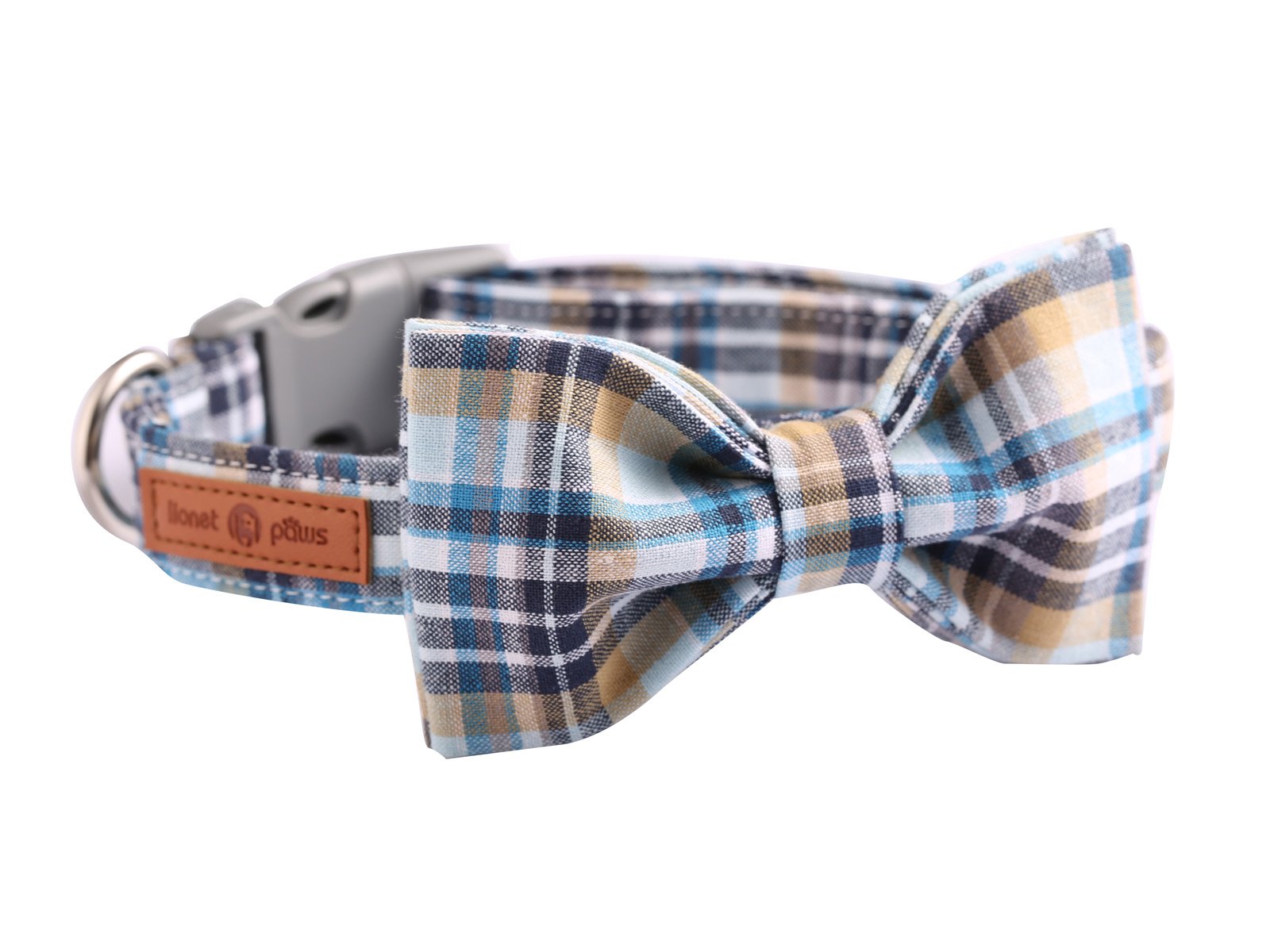 Lionet Paws Cat and Dog Collar with Bowtie,LightBlue Plaid Cotton Collar with Plastic Buckle,Adjustable Collars for X-Small Dogs and Cats,Neck 8-12in