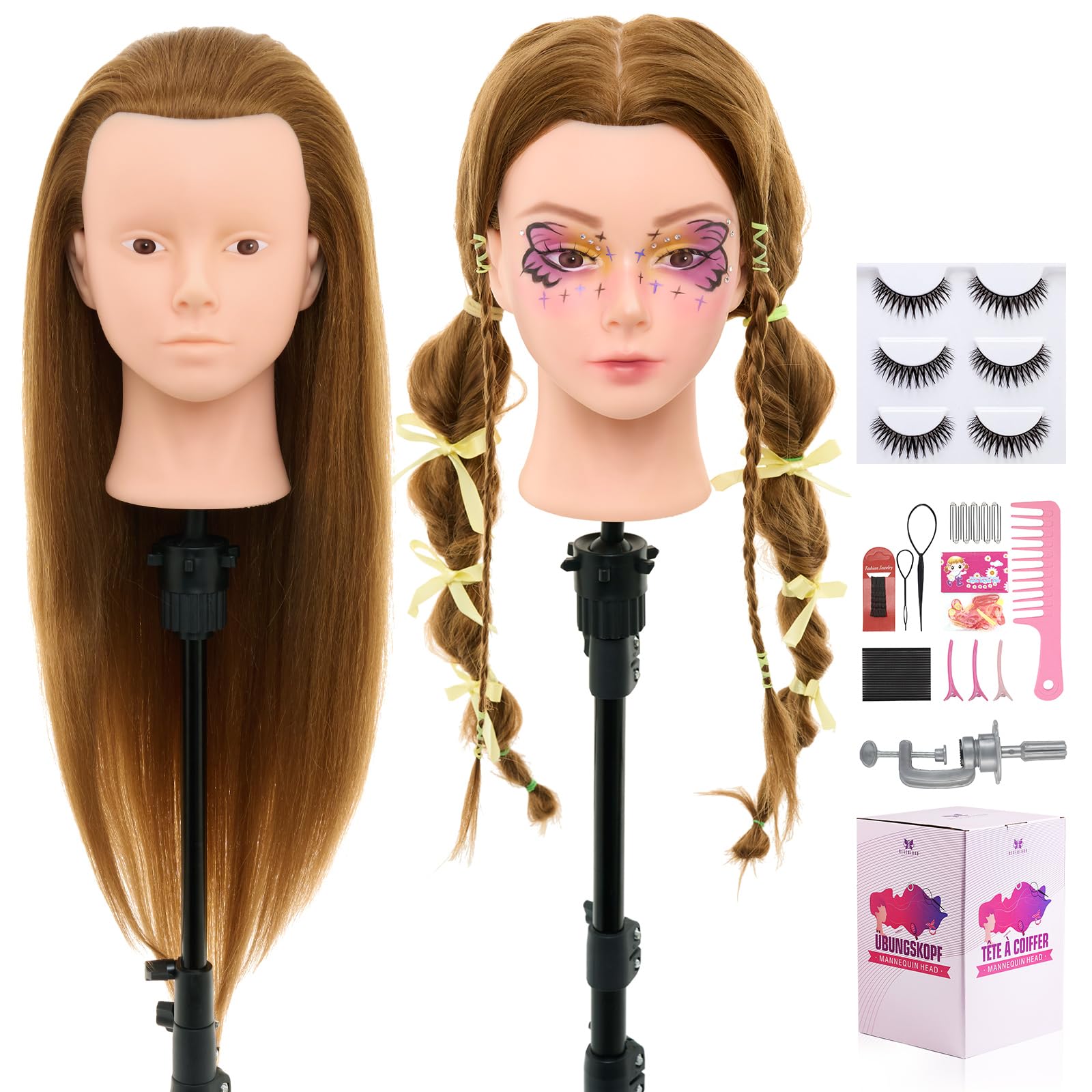 Neverland 26"-28" Hairdressing Head Make-Up Head with 60% Humanl Hair, Doll Head for Hairdressing Training Head for Hairdressers with Hair Accessories, Eyelashes and Table Holder (Blonde)