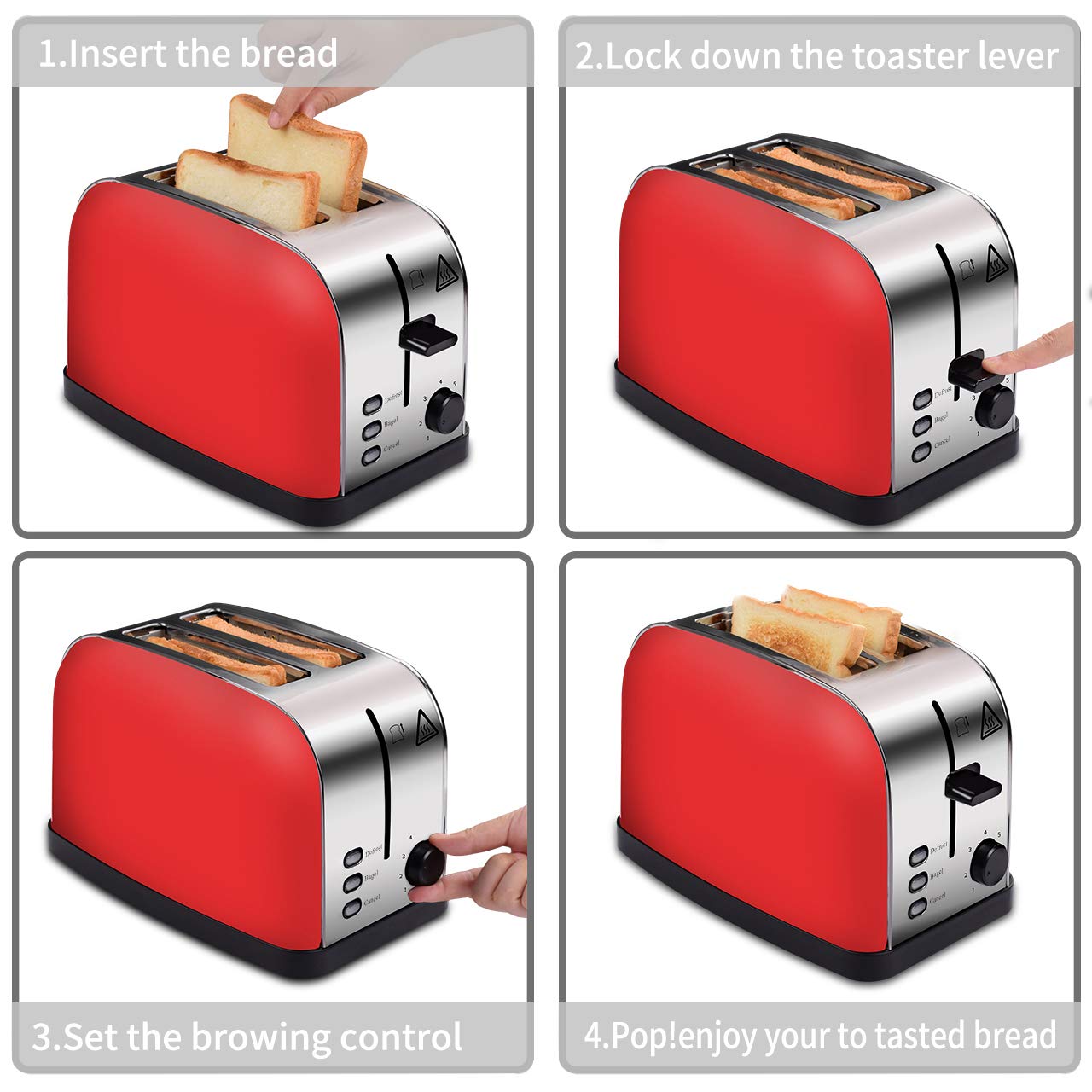 COSSCCI Red Toaster 2 Slice Brushed Stainless Steel Toaster with Wide Slots,Removable Crumb Tray,High Lift Lever, Reheat Defrost and 7 Shade Setting