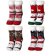 Fourluoo 4 Packs Christmas Fuzzy Slipper Socks Xmas Fluffy Sherpa Thermal Socks with Grippers for Women men